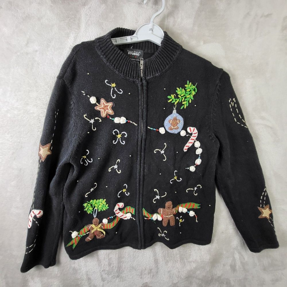 Studio Joy Sweater Womens L Black‎ Christmas Embroidery Full Zip Long Sleeve